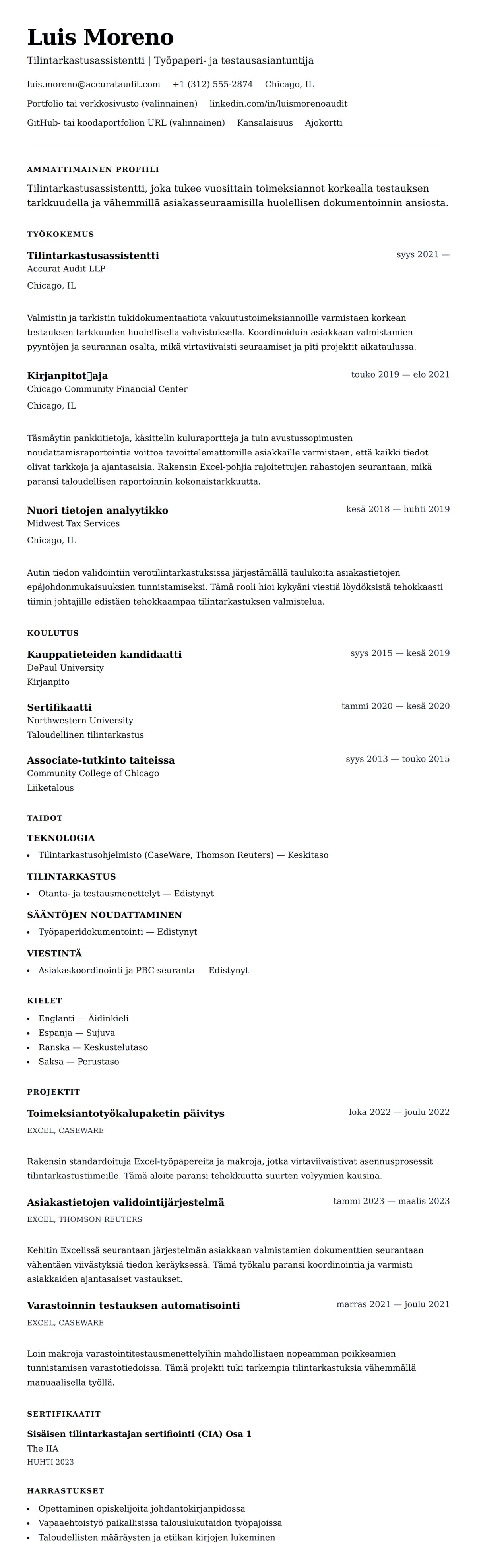 Ansioluetteloesikatselu kohteelle Tilintarkastusassistentin CV-esimerkki