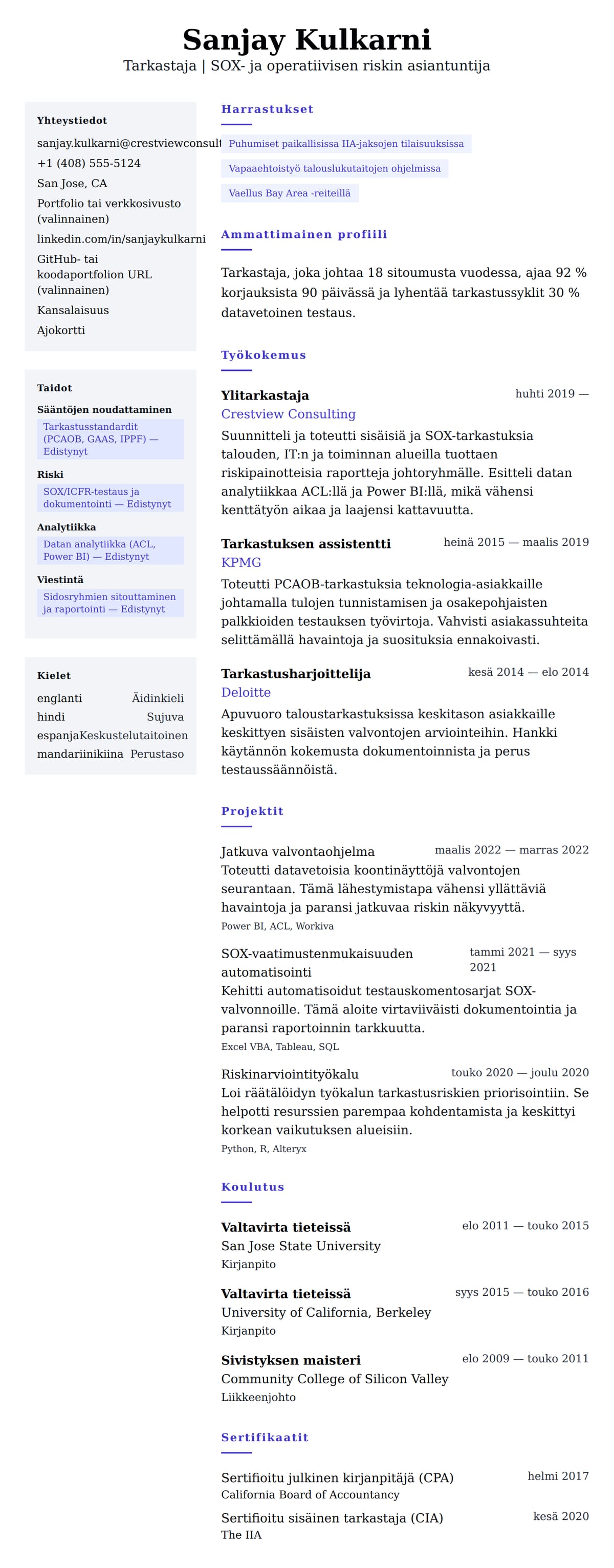 Ansioluetteloesikatselu kohteelle Tarkastajan ansioluettelo-esimerkki