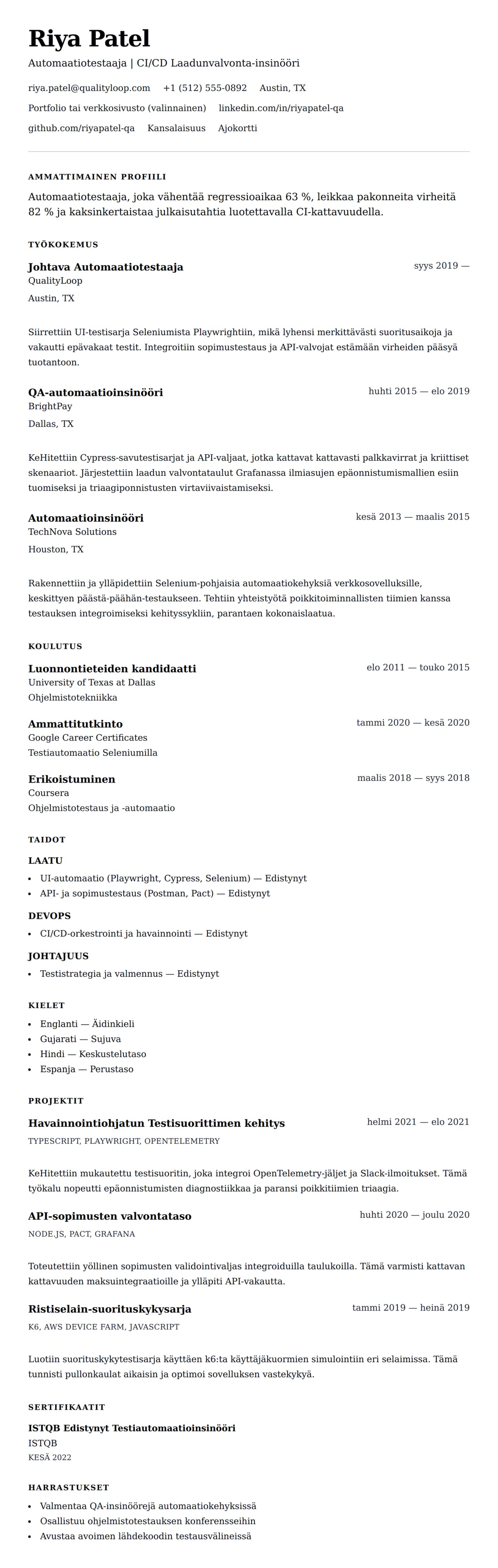 Ansioluetteloesikatselu kohteelle Automaatiotestaajan ansioluettelon esimerkki