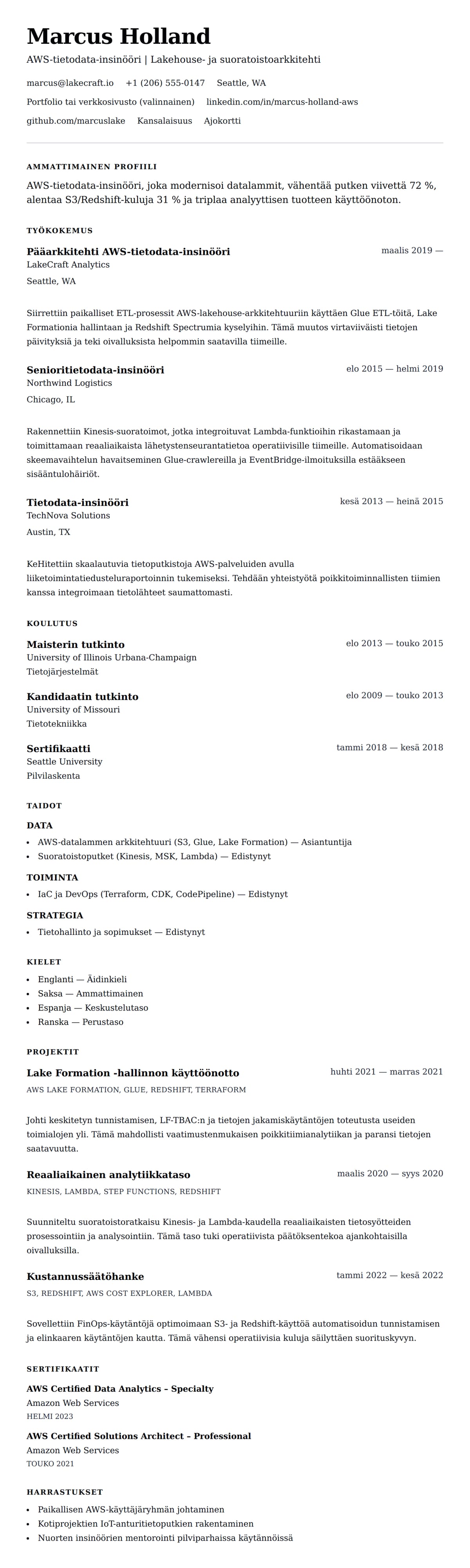 Ansioluetteloesikatselu kohteelle Esimerkki AWS-tietodata-insinöörin ansioluettelosta