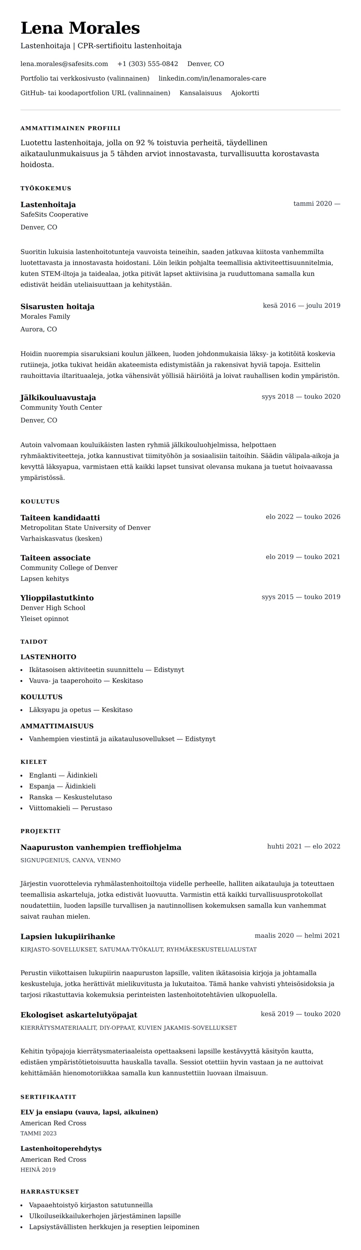 Ansioluetteloesikatselu kohteelle Lastenhoitajan ansioluetteloesimerkki