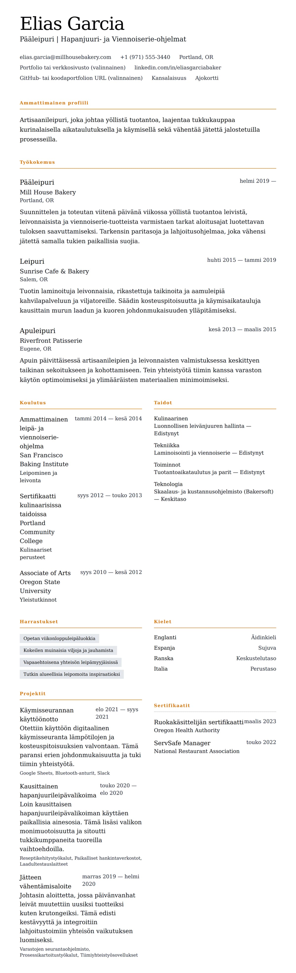 Ansioluetteloesikatselu kohteelle Leipurin ansioluetteloesimerkki