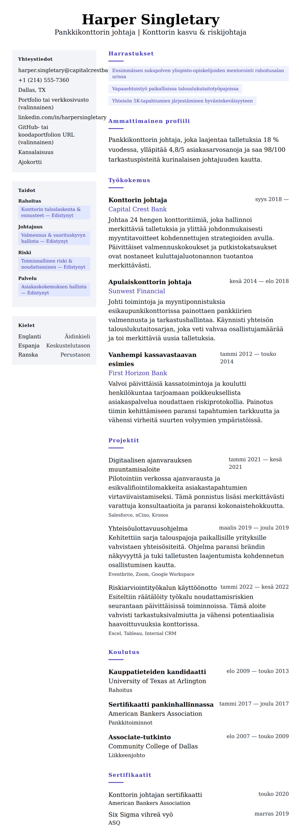 Ansioluetteloesikatselu kohteelle Pankkikonttorin johtajan ansioluetteloesimerkki