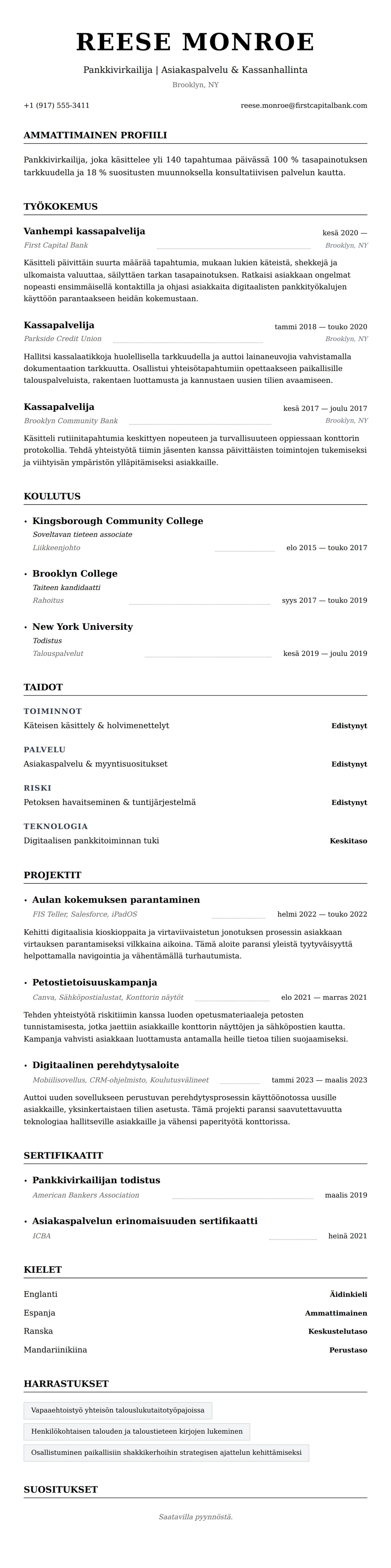 Ansioluetteloesikatselu kohteelle Pankkivirkailijan CV-esimerkki