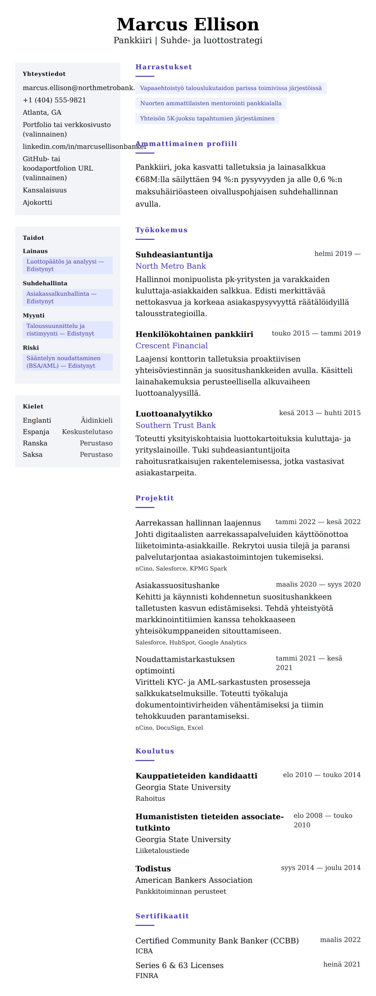 Ansioluetteloesikatselu kohteelle Pankkiirin ansioluetteloesimerkki