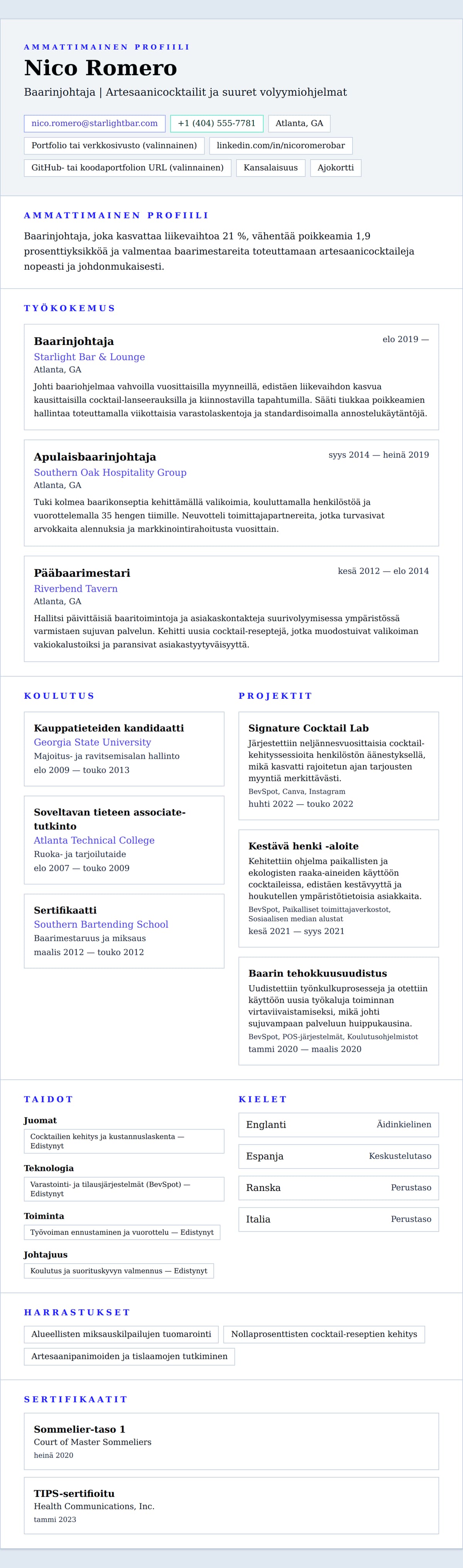 Ansioluetteloesikatselu kohteelle Baarinjohtajan CV-esimerkki