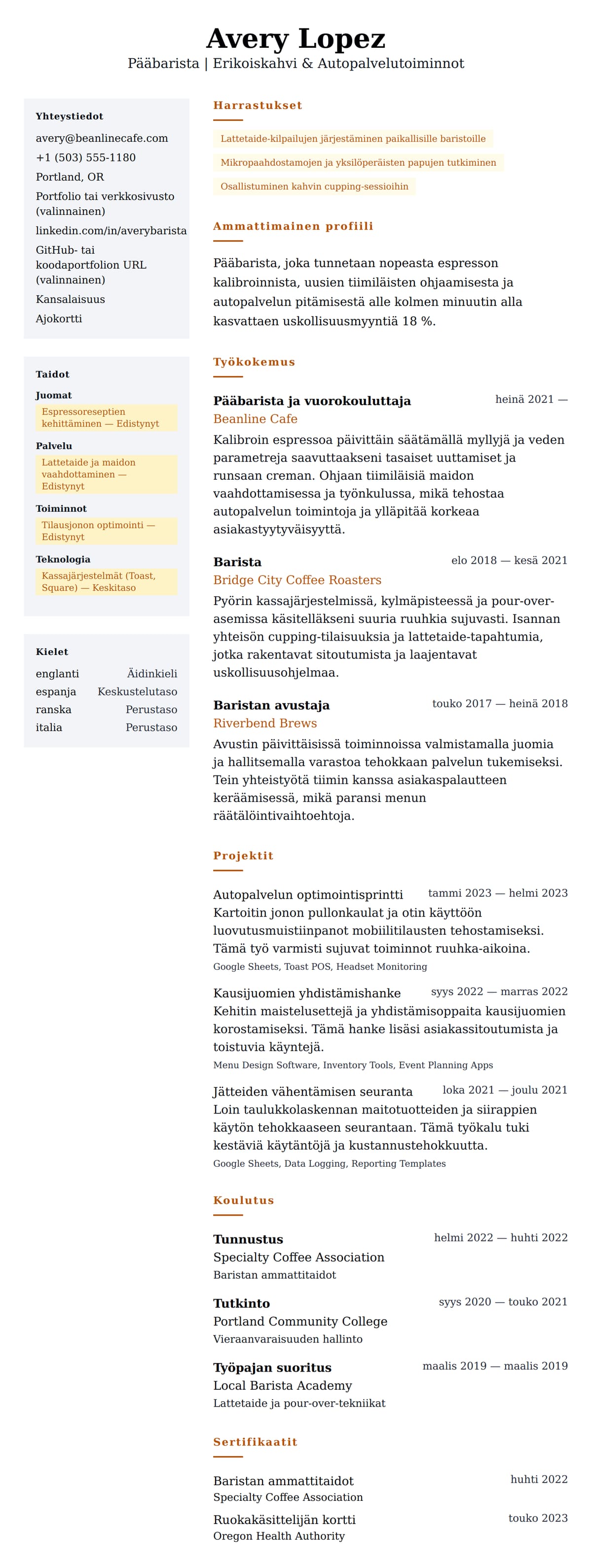 Ansioluetteloesikatselu kohteelle Baristan ansioluetteloesimerkki