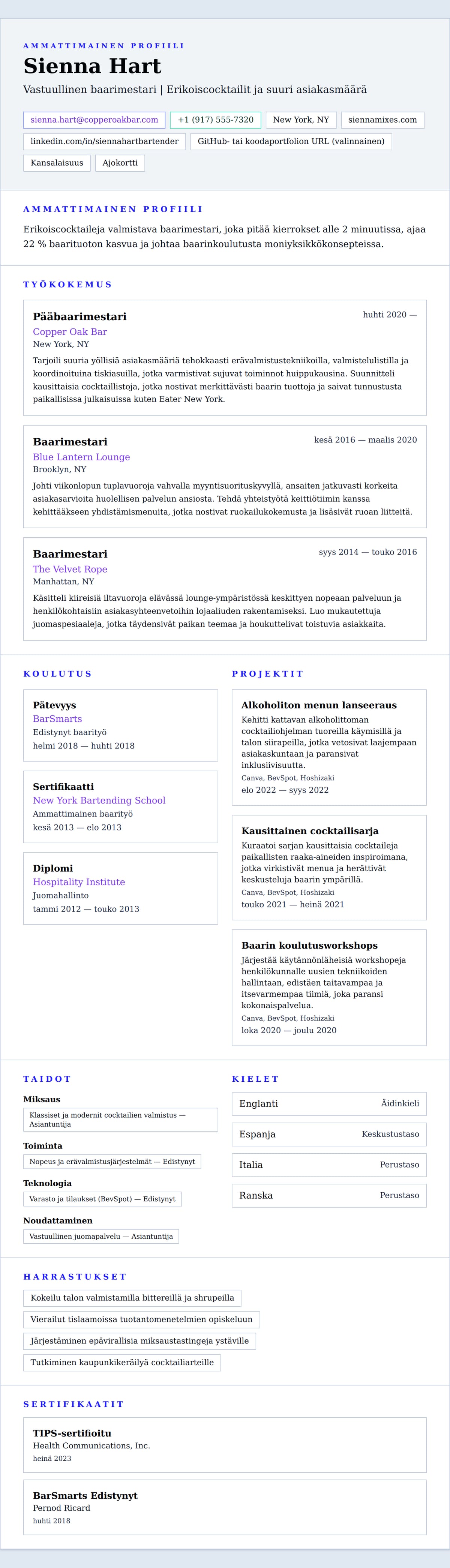 Ansioluetteloesikatselu kohteelle Baarimestarin ansioluetteloesimerkki