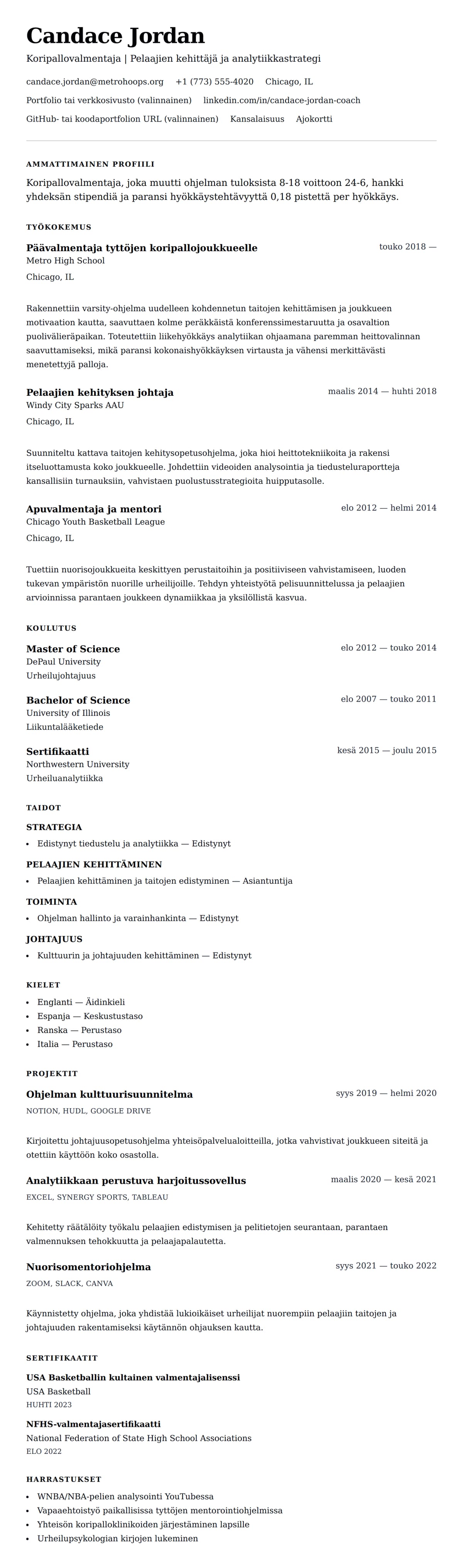 Ansioluetteloesikatselu kohteelle Koripallovalmentajan CV-esimerkki