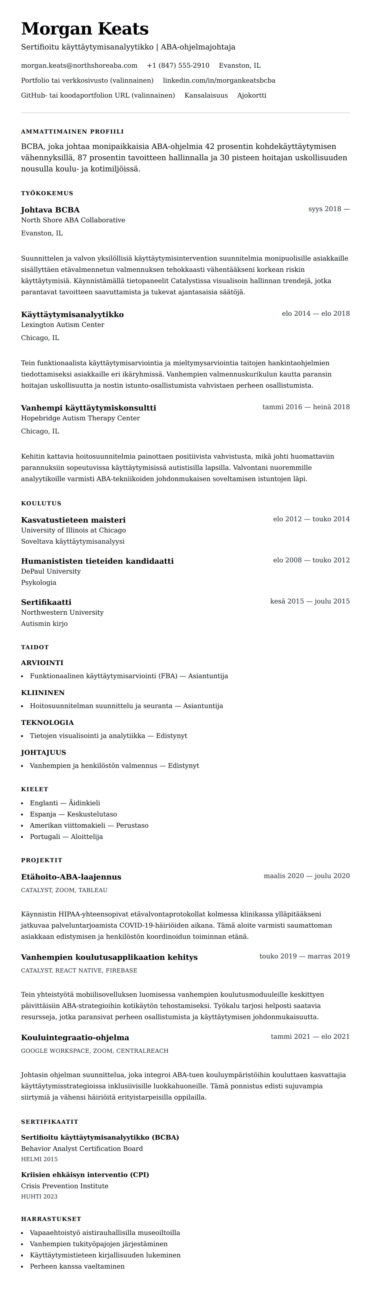 Ansioluetteloesikatselu kohteelle Sertifioitu käyttäytymisanalyytikko (BCBA) Ansioluetteloesimerkki