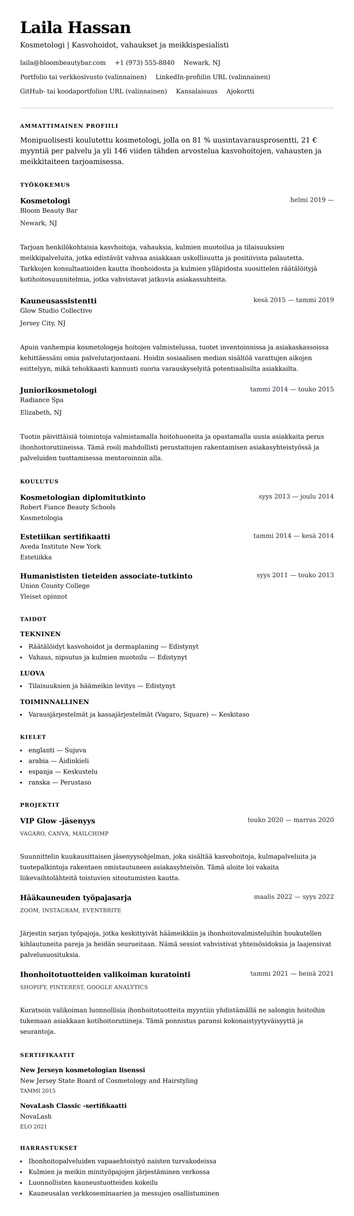 Ansioluetteloesikatselu kohteelle Kosmetologin ansioluettelo esimerkki