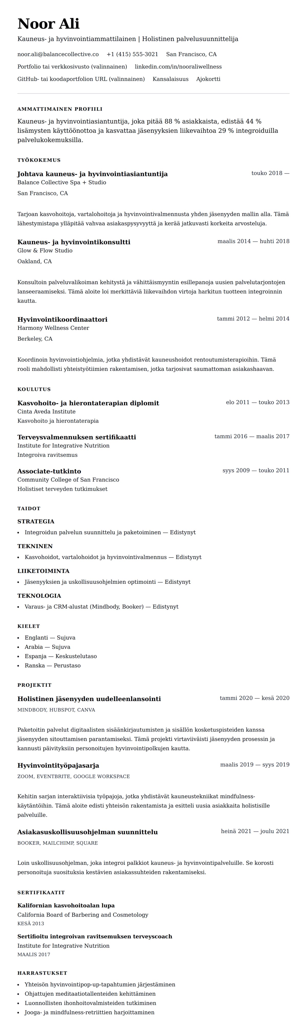 Ansioluetteloesikatselu kohteelle Kauneus- ja hyvinvointialan ammattilaisen CV-esimerkki