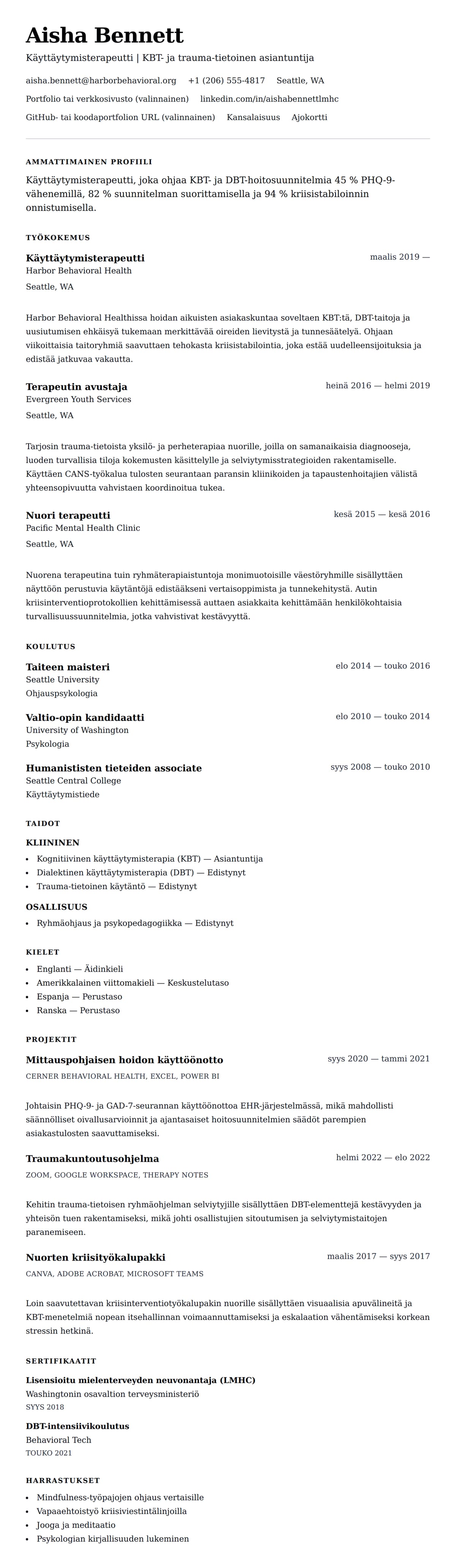 Ansioluetteloesikatselu kohteelle Käyttäytymisterapeutin ansioluetteloesimerkki