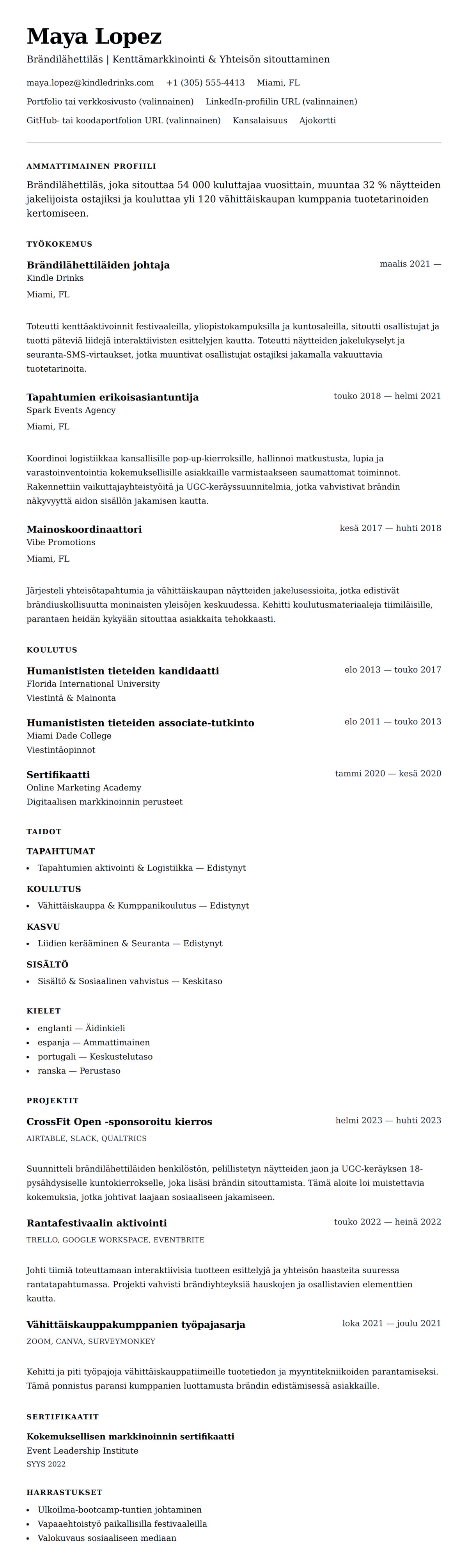 Ansioluetteloesikatselu kohteelle Brändilähettilään ansioluetteloesimerkki