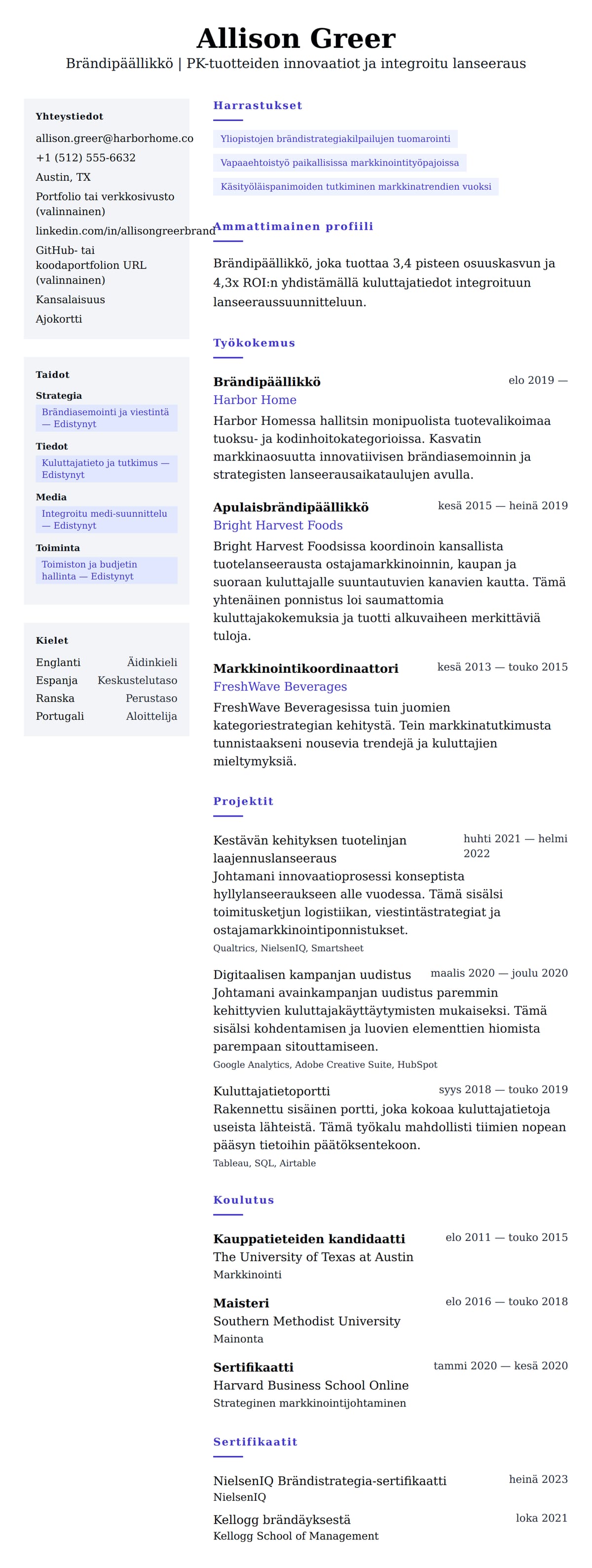 Ansioluetteloesikatselu kohteelle Brändipäällikön ansioluetteloesimerkki