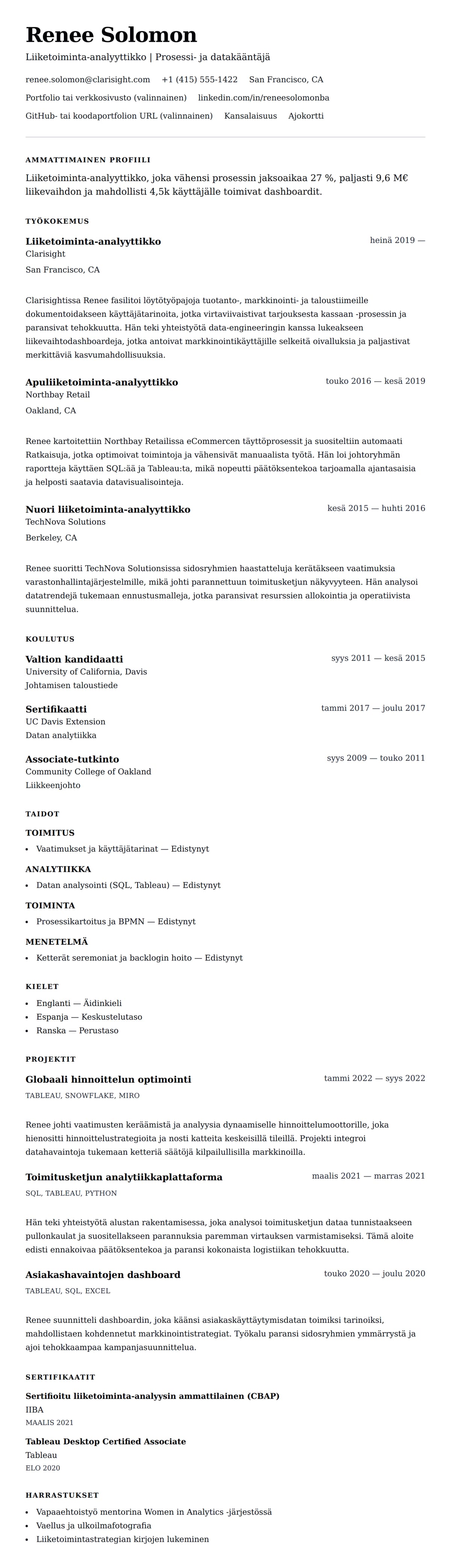 Ansioluetteloesikatselu kohteelle Liiketoiminta-analyyttikon ansioluettelo-esimerkki