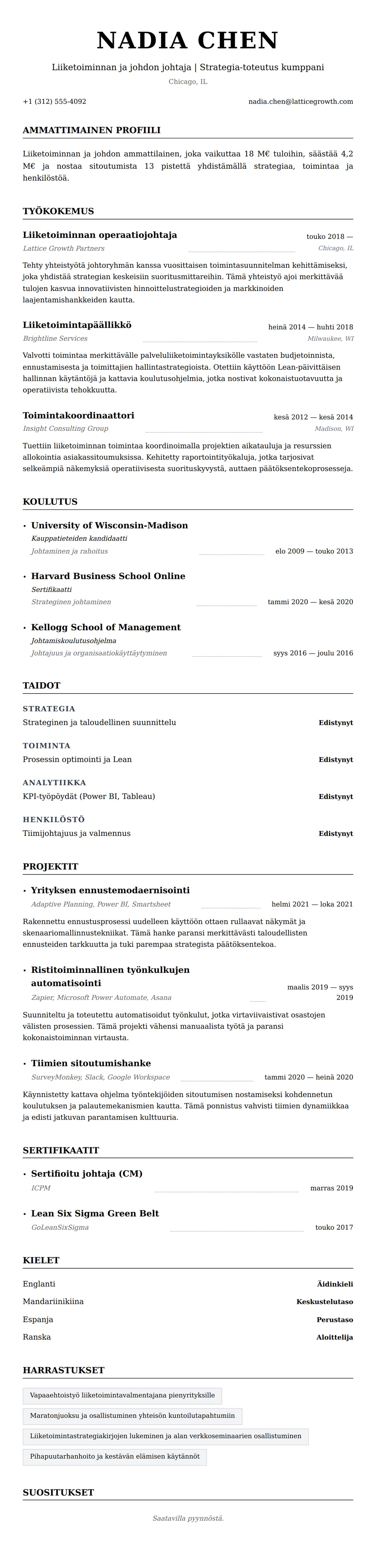 Ansioluetteloesikatselu kohteelle Liiketoiminnan ja johdon ammattilaisen ansioluetteloesimerkki