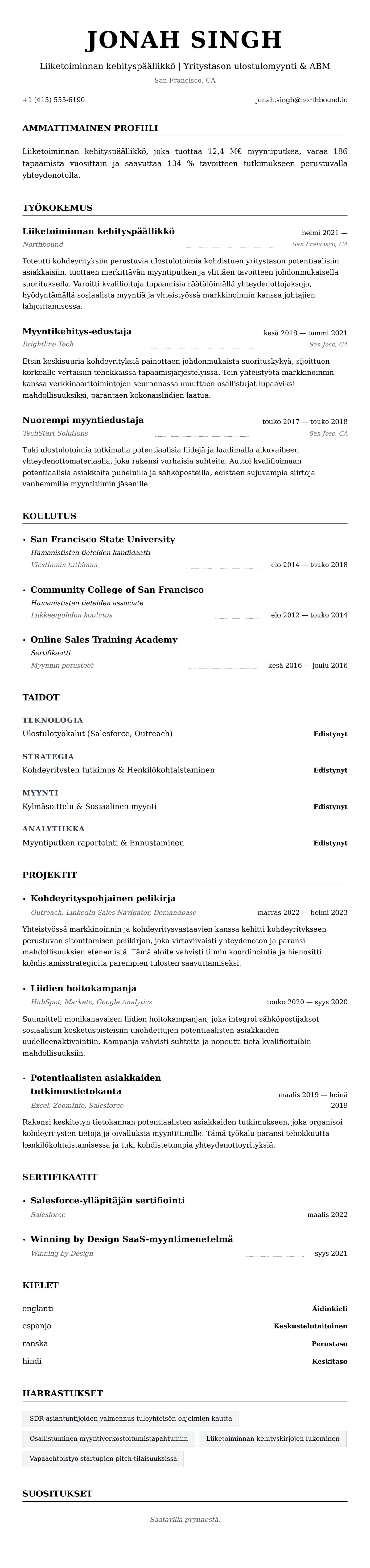 Ansioluetteloesikatselu kohteelle Liiketoiminnan kehityspäällikön ansioluetteloesimerkki