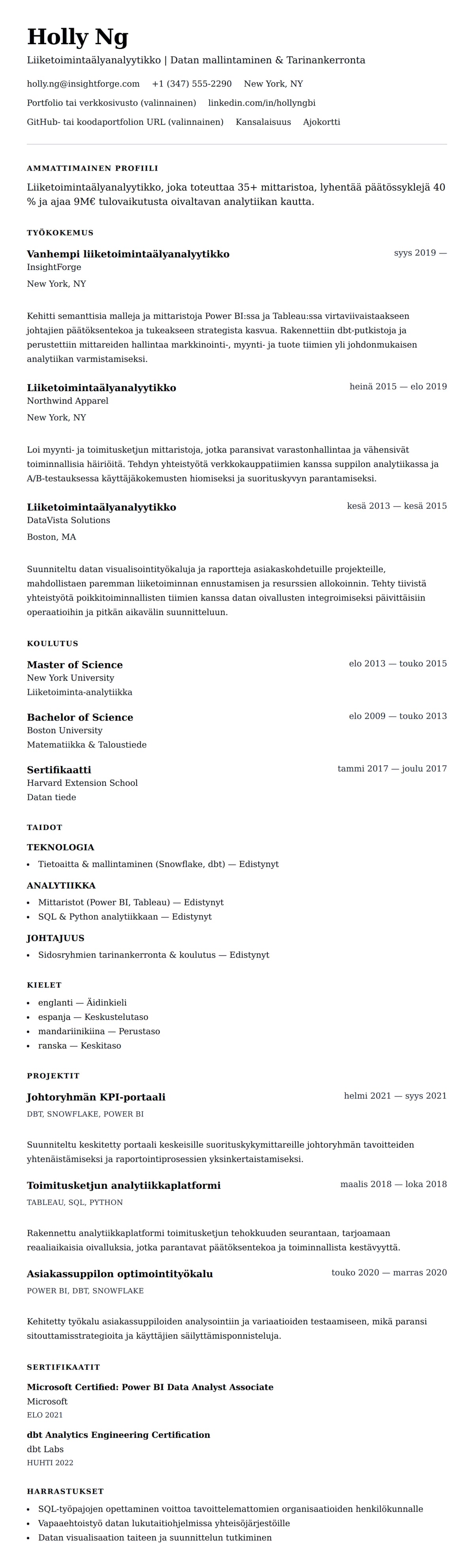 Ansioluetteloesikatselu kohteelle Liiketoimintaälyanalyytikon ansioluetteloesimerkki