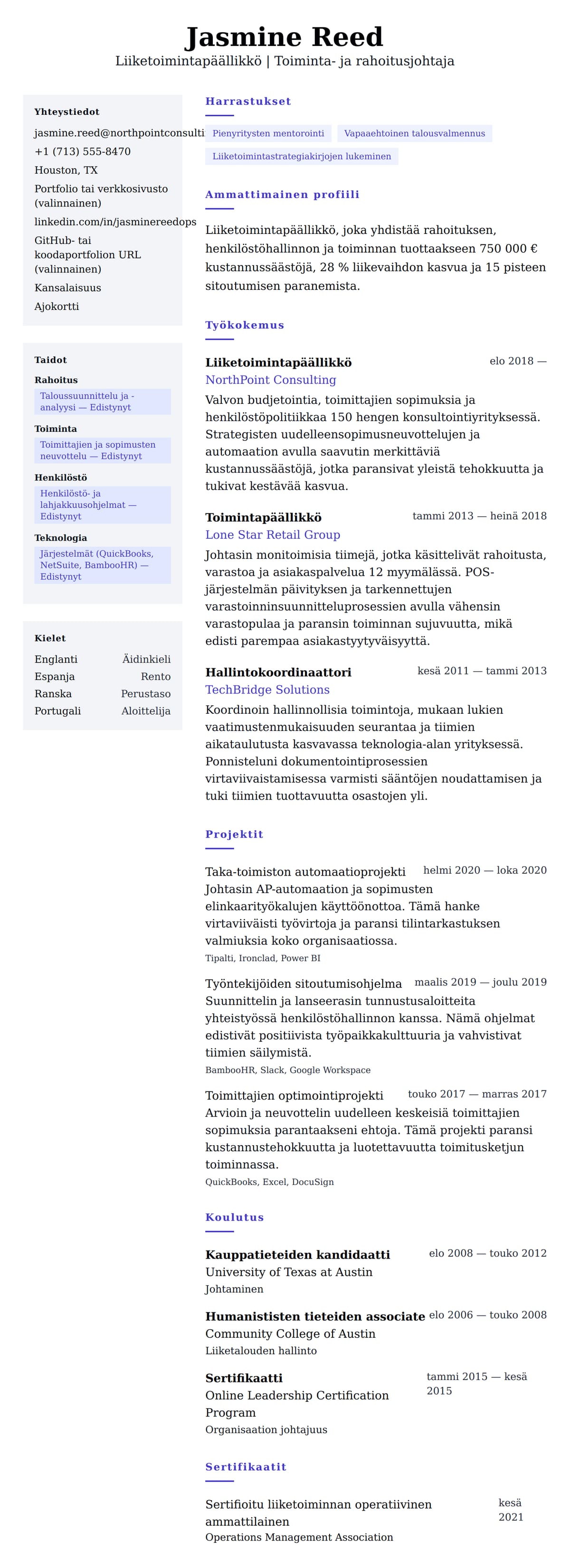 Ansioluetteloesikatselu kohteelle Liiketoimintapäällikön ansioluetteloesimerkki
