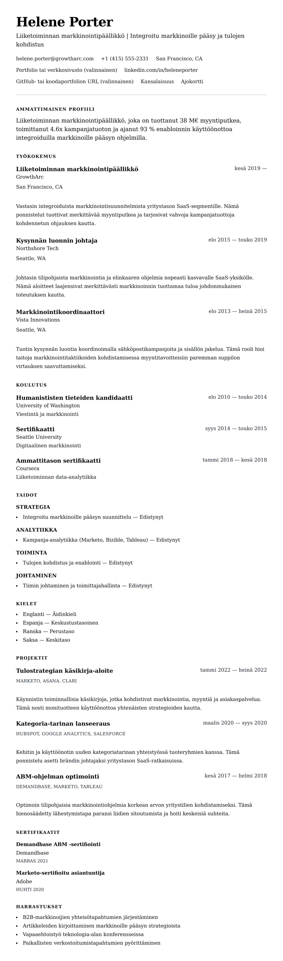 Ansioluetteloesikatselu kohteelle Liiketoiminnan markkinointipäällikön ansioluetteloesimerkki