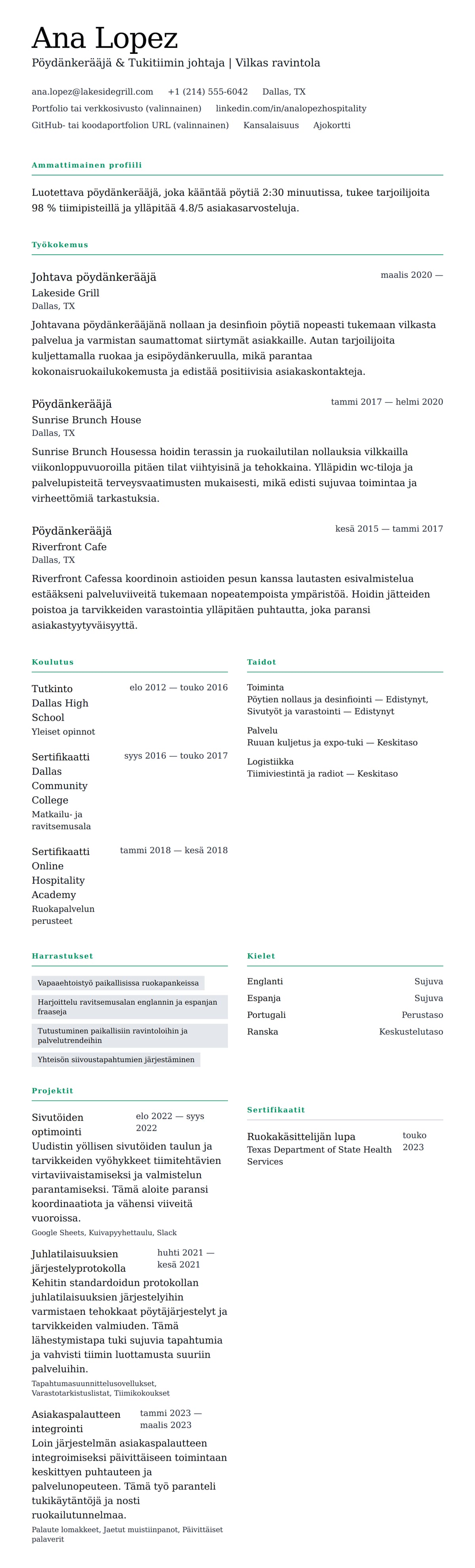 Ansioluetteloesikatselu kohteelle Pöydänkerääjän CV-esimerkki