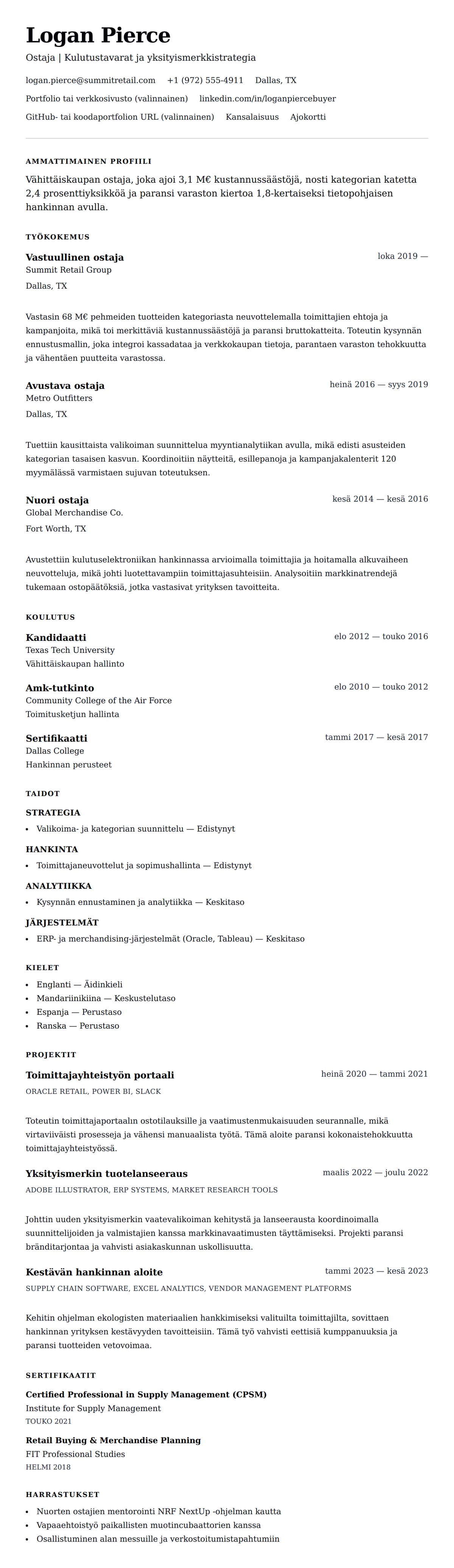 Ansioluetteloesikatselu kohteelle Ostajan ansioluettelon esimerkki