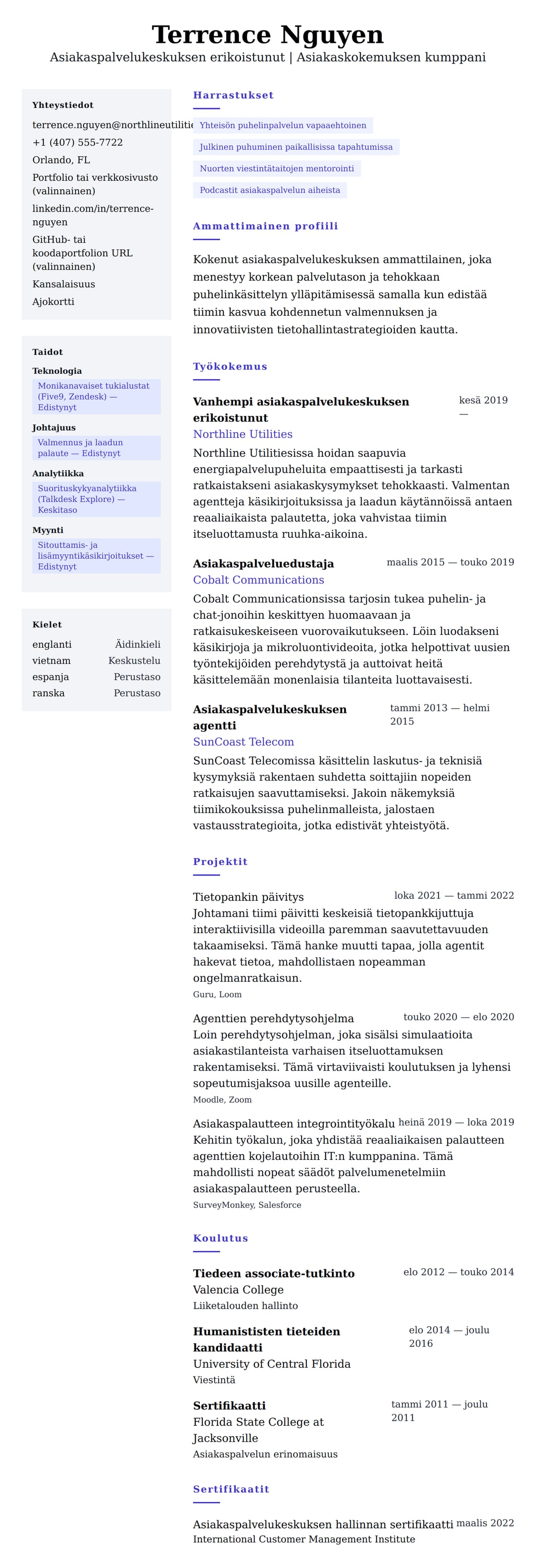 Asiakaspalvelukeskuksen ammattilaisen CV-esimerkki