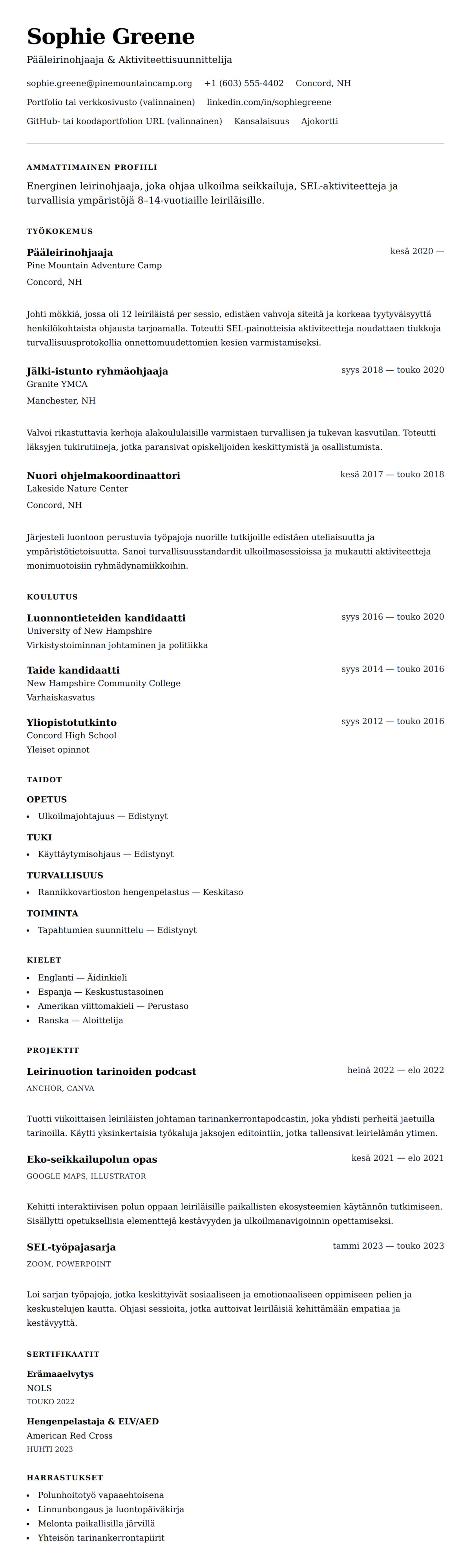 Ansioluetteloesikatselu kohteelle Leirinohjaajan ansioluetteloesimerkki