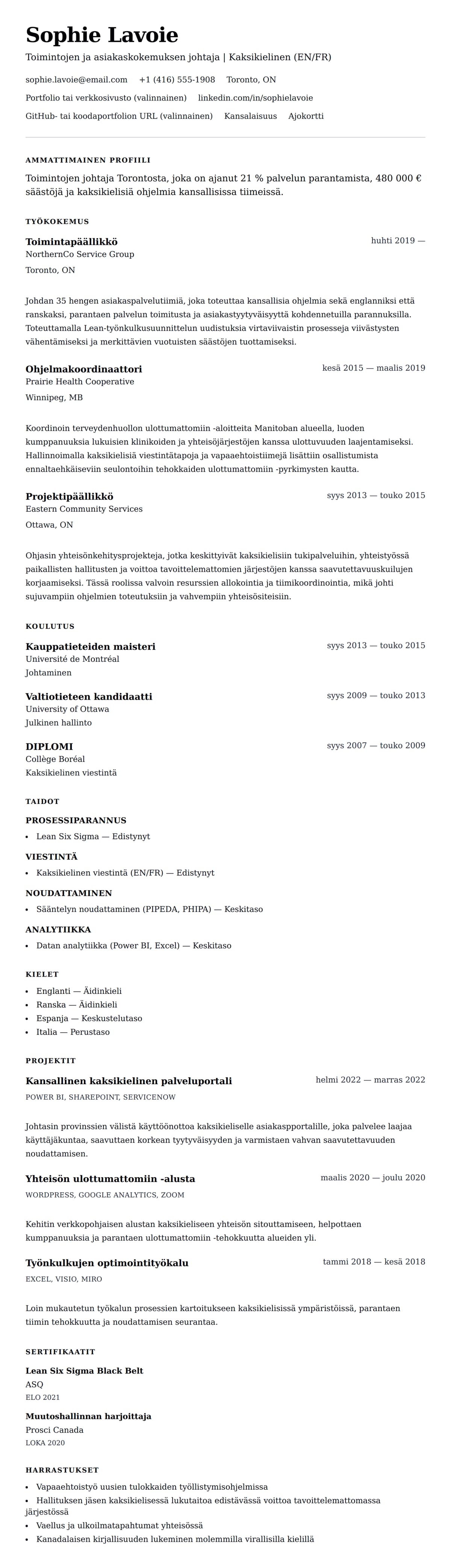 Ansioluetteloesikatselu kohteelle Esimerkki kanadalaisesta ansioluettelomuodosta