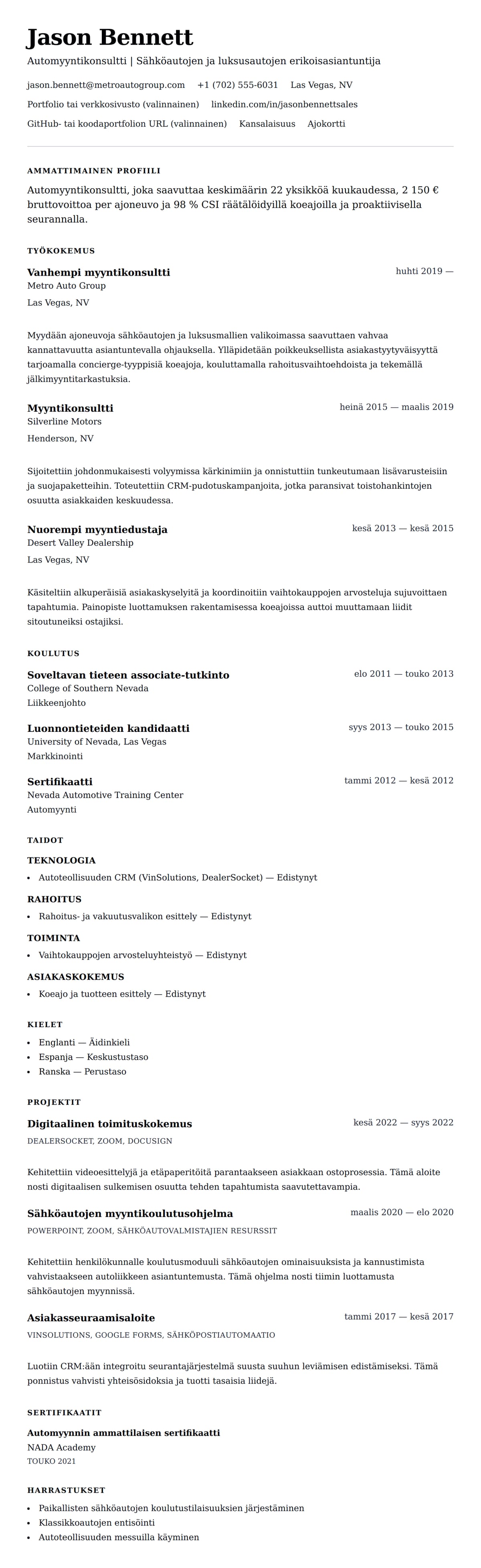 Ansioluetteloesikatselu kohteelle Automyyntikonsultin ansioluetteloesimerkki