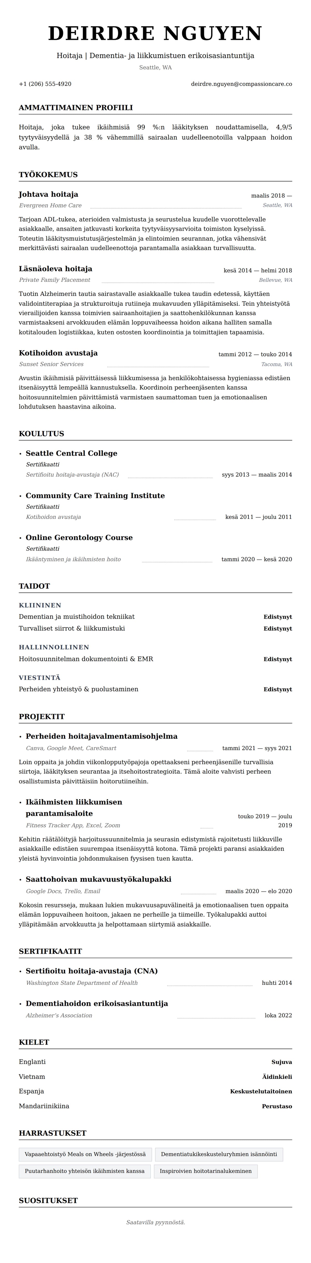 Ansioluetteloesikatselu kohteelle Hoitajan ansioluettelo-esimerkki