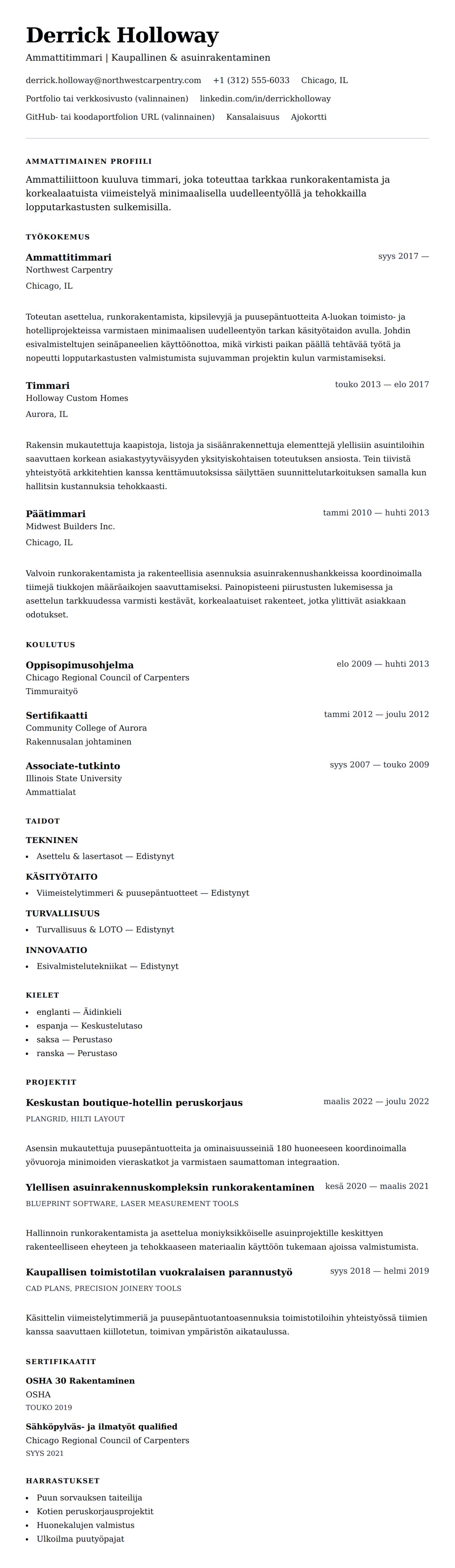 Ansioluetteloesikatselu kohteelle Timmari ansioluetteloesimerkki