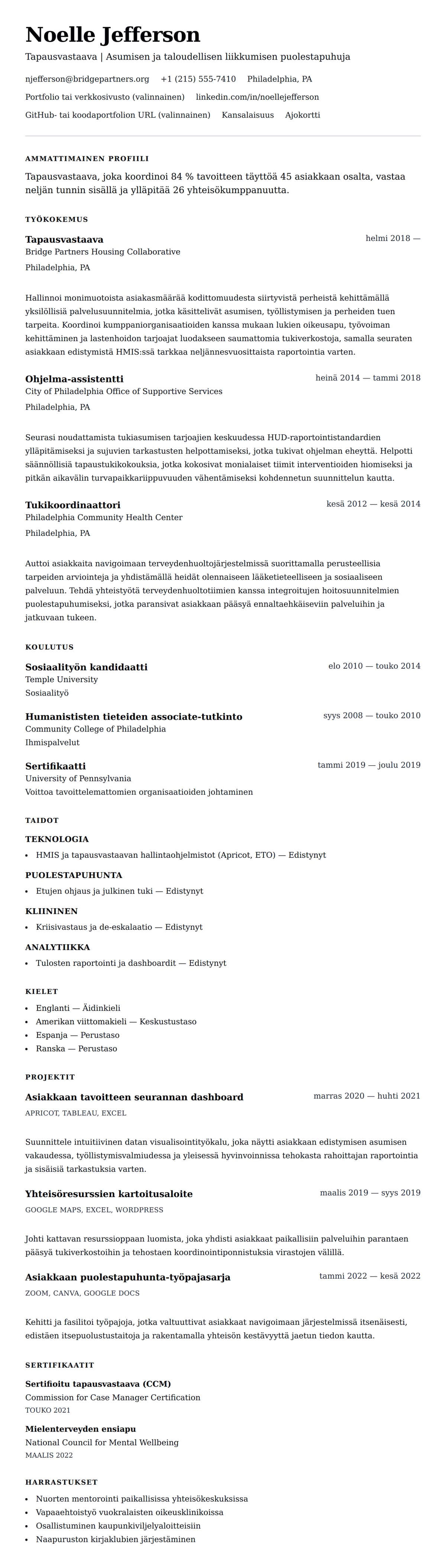 Ansioluetteloesikatselu kohteelle Tapausvastaavan ansioluetteloesimerkki