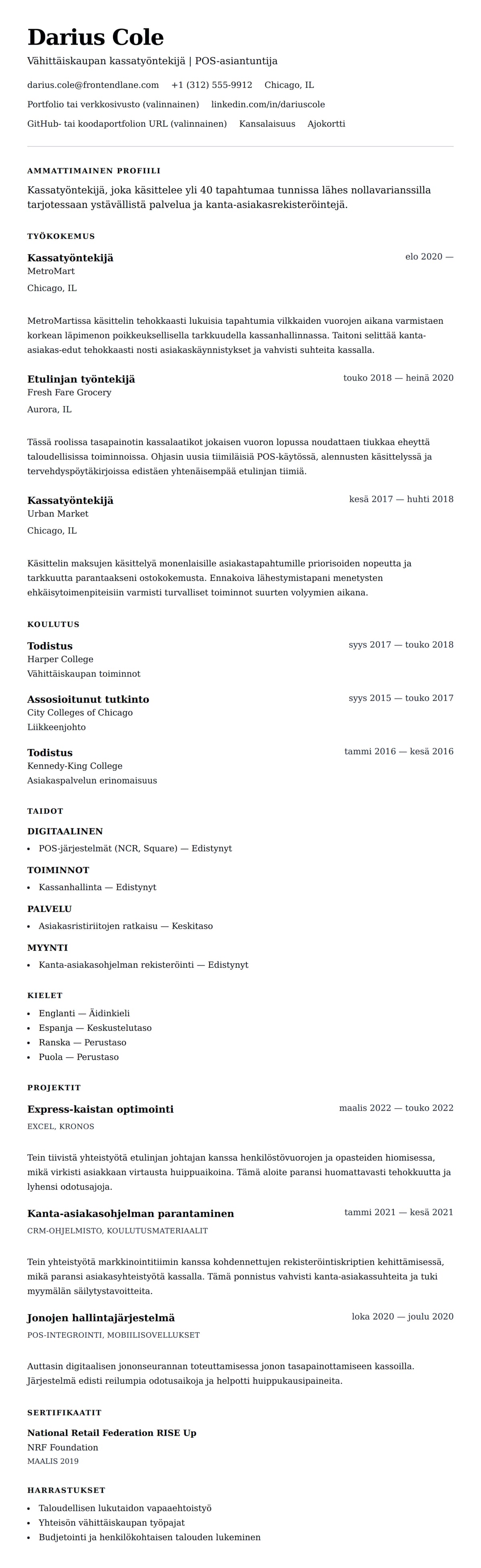 Ansioluetteloesikatselu kohteelle Kassatyöntekijän ansioluettelon esimerkki