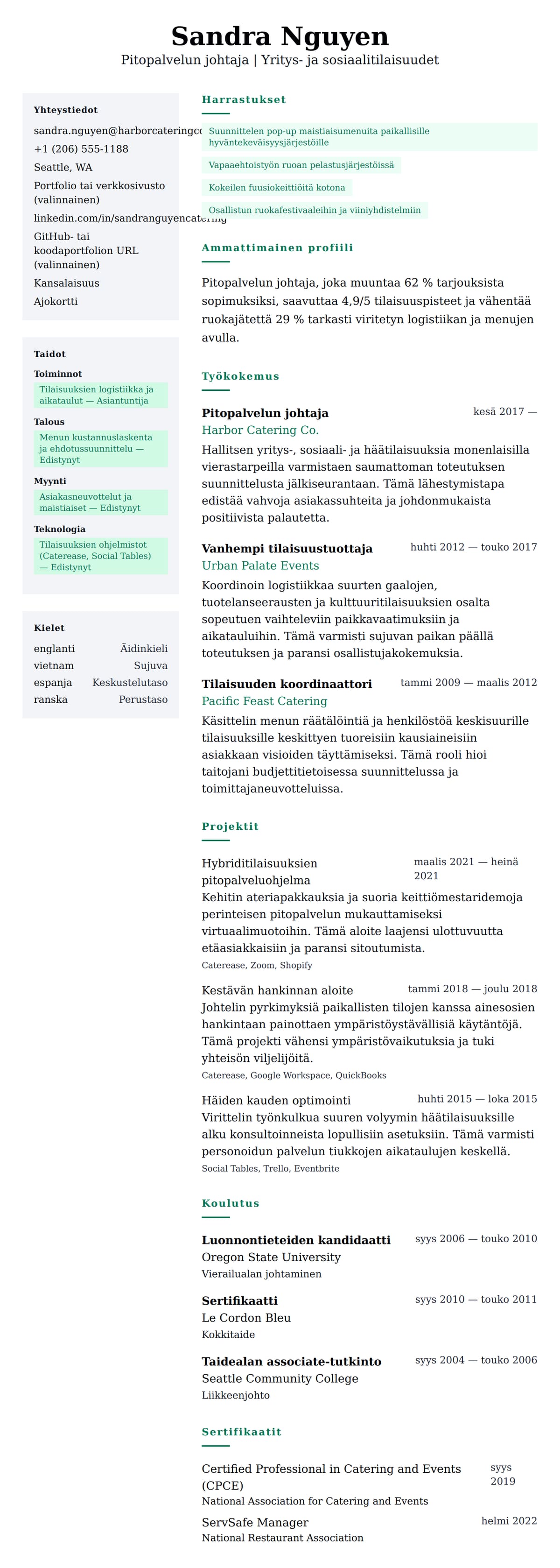 Ansioluetteloesikatselu kohteelle Pitopalvelijan ansioluetteloesimerkki