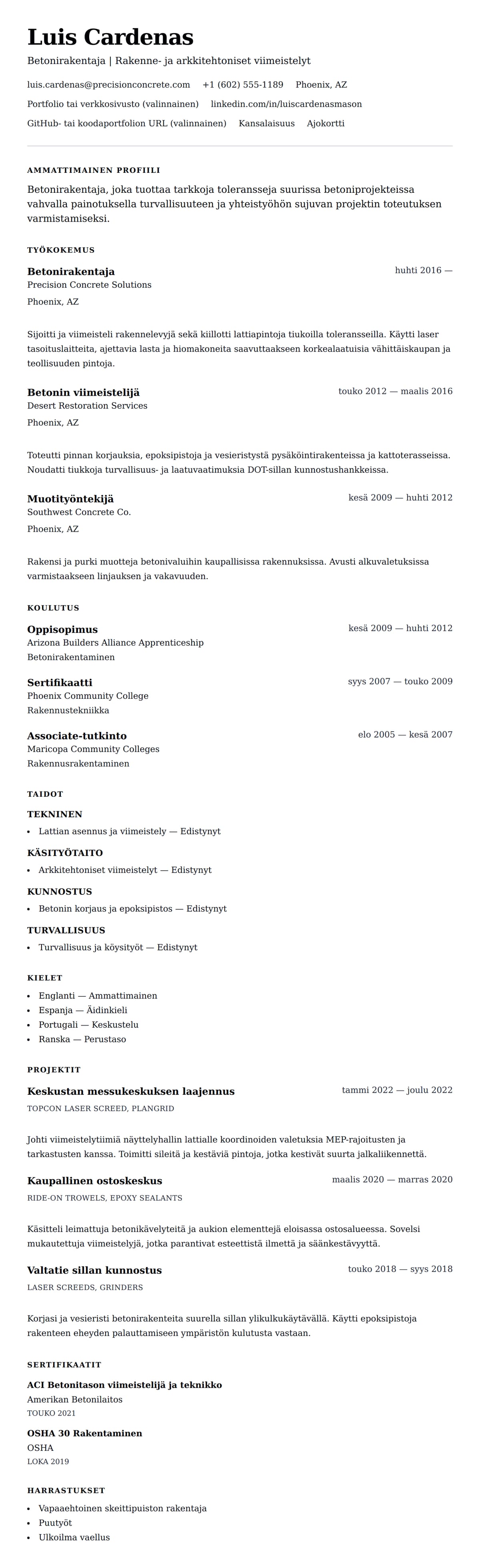 Ansioluetteloesikatselu kohteelle Betonirakentajan ansioluettelon esimerkki