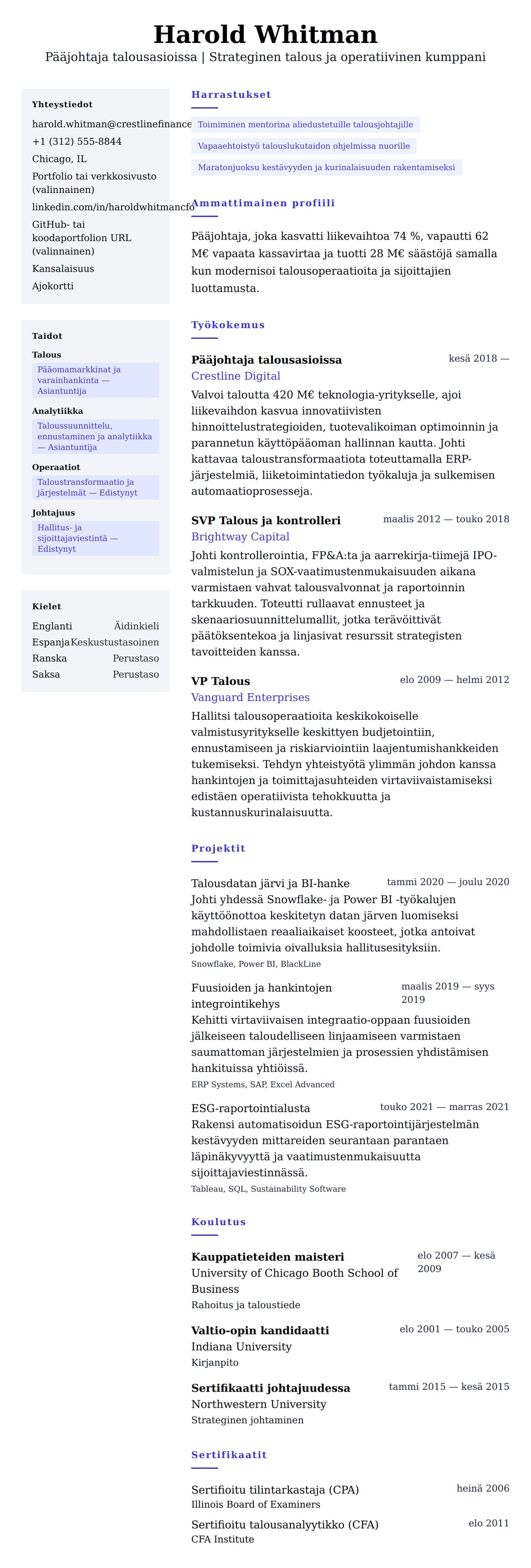 Ansioluetteloesikatselu kohteelle Pääjohtajan talousasioissa esimerkkiresurssi