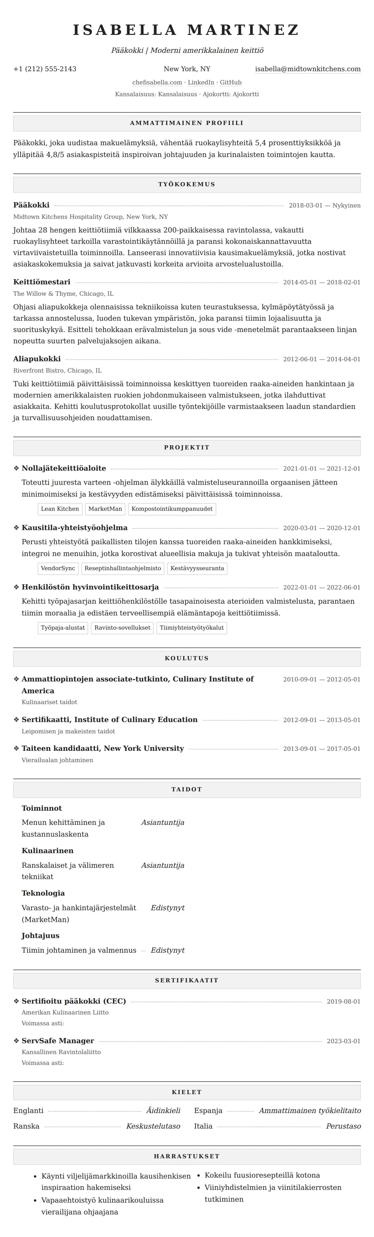 Ansioluetteloesikatselu kohteelle Kokki ansioluettelon esimerkki