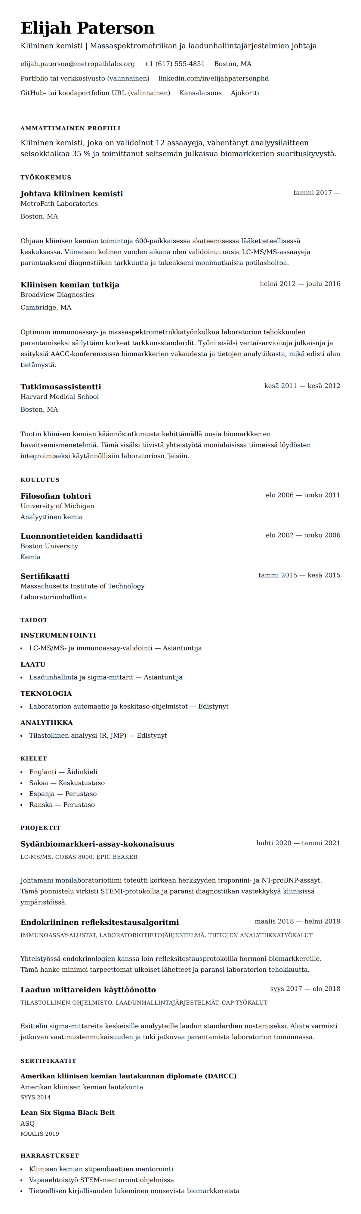 Ansioluetteloesikatselu kohteelle Kliinisen kemistin ansioluettelo-esimerkki