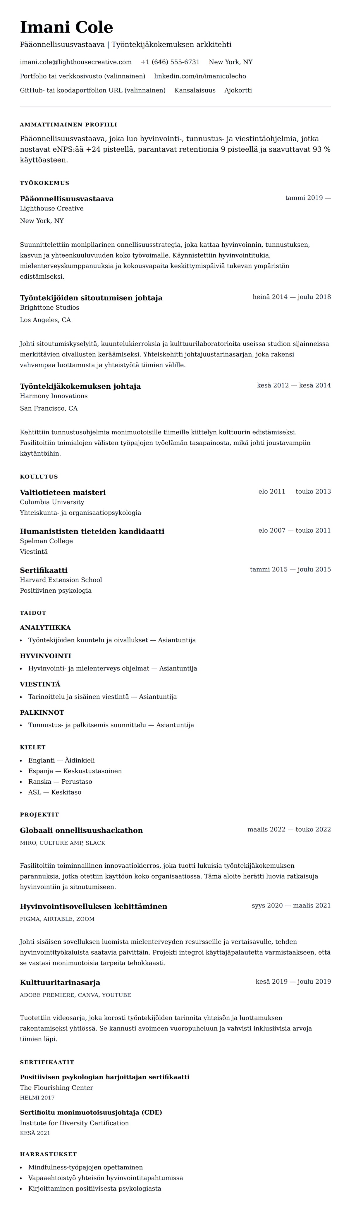 Ansioluetteloesikatselu kohteelle Pääonnellisuusvastaavan (POV) ansioluettelon esimerkki