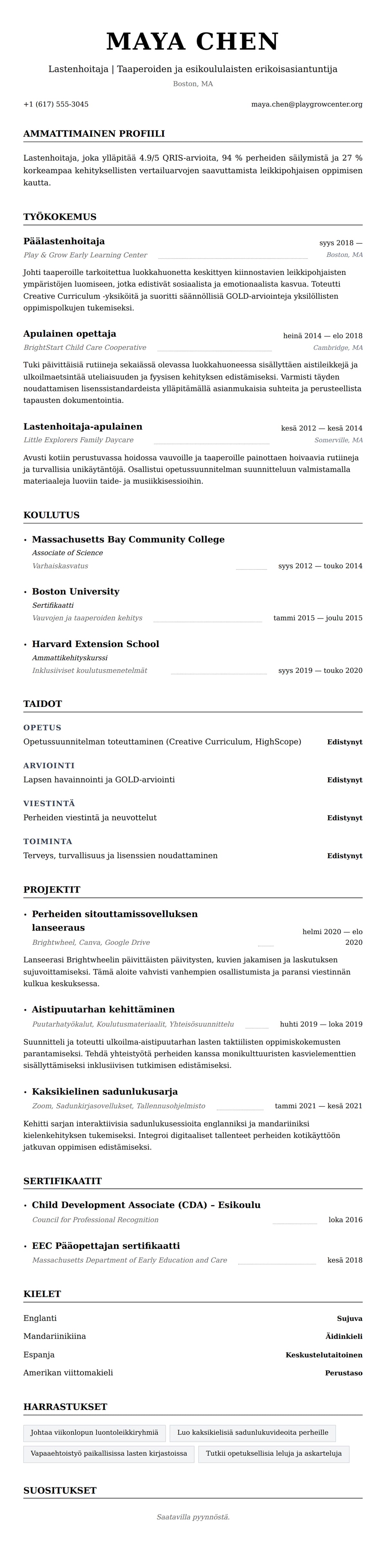 Ansioluetteloesikatselu kohteelle Lastenhoitajan ansioluettelon esimerkki