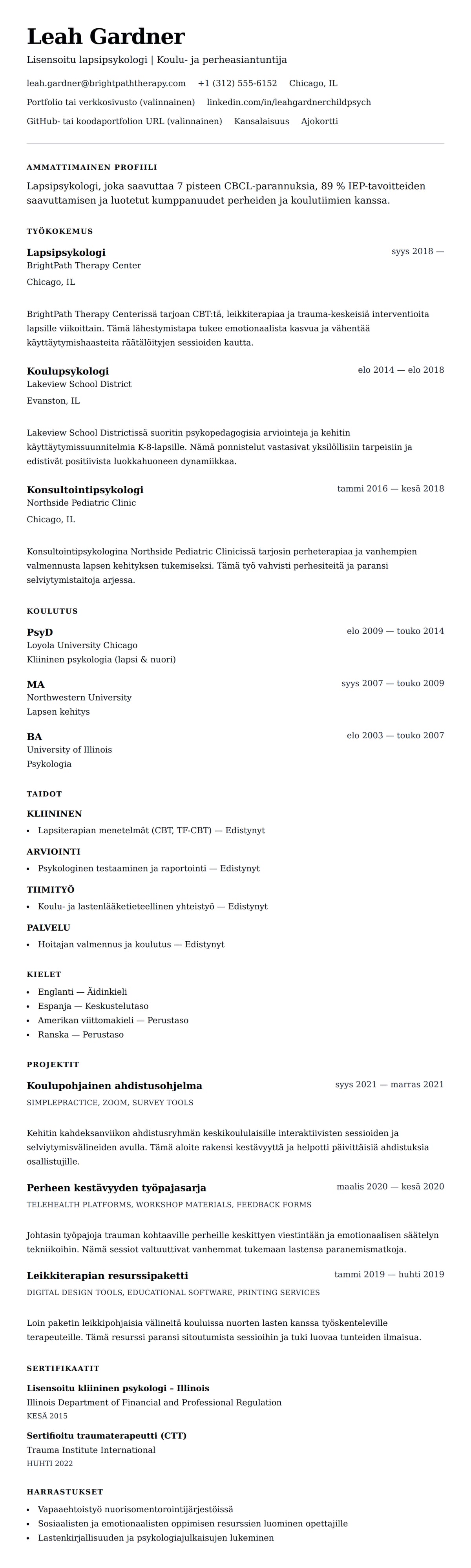 Ansioluetteloesikatselu kohteelle Lapsipsykologin ansioluettelo-esimerkki