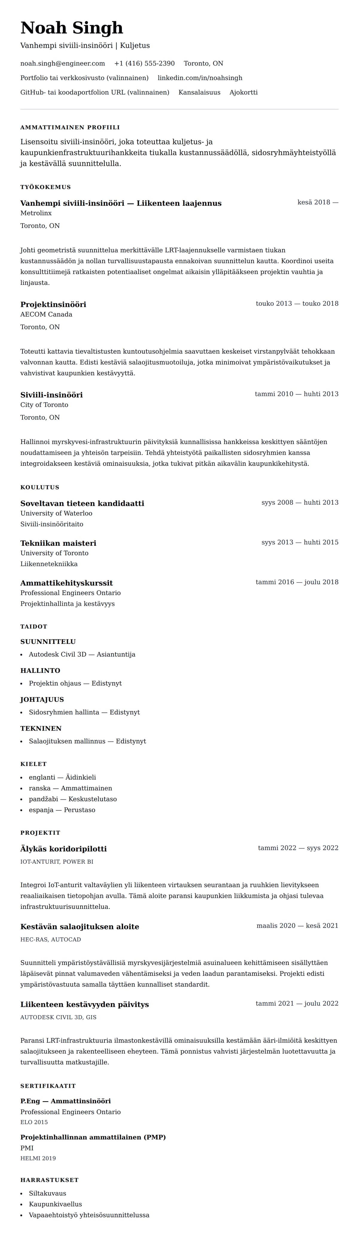 Ansioluetteloesikatselu kohteelle Siviili-insinöörin ansioluetteloesimerkki