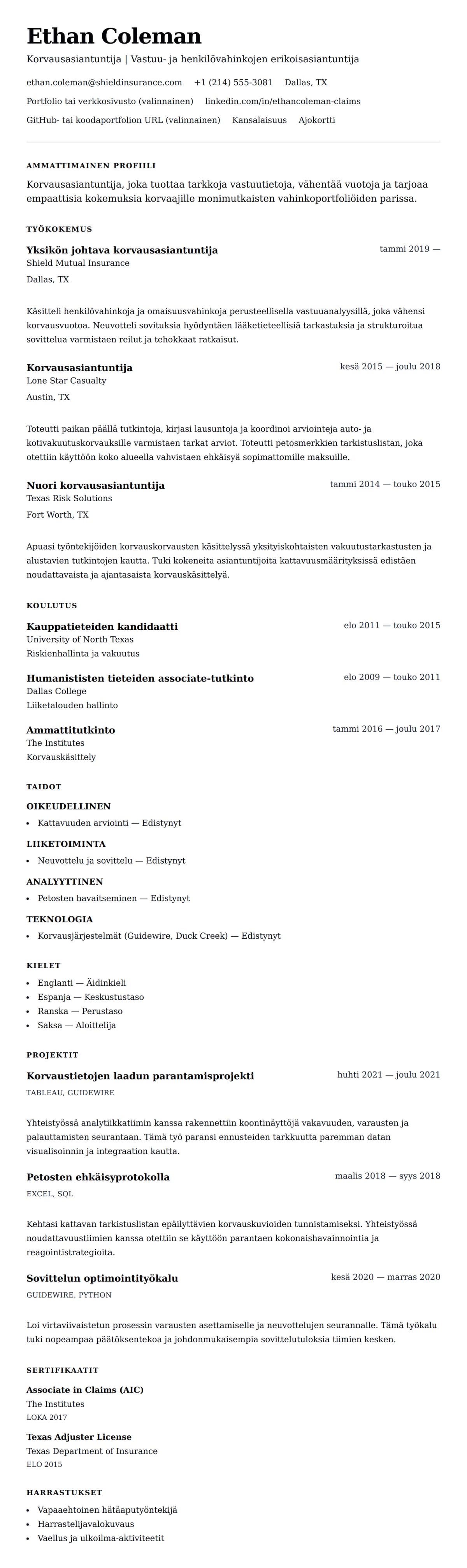 Ansioluetteloesikatselu kohteelle Korvausasiantuntijan CV-esimerkki