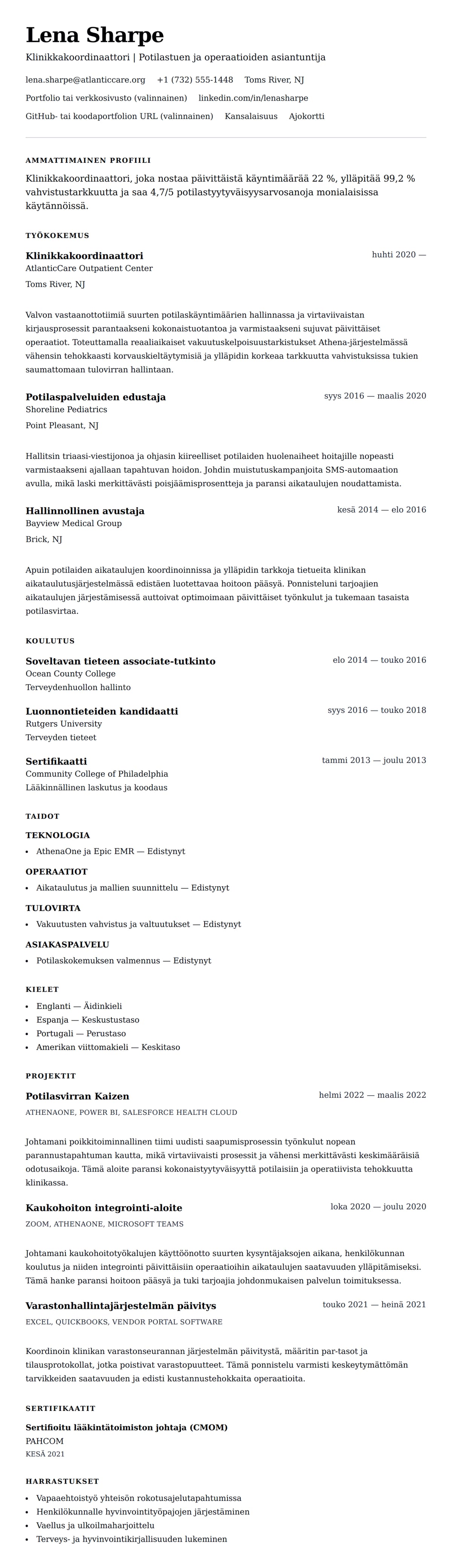 Ansioluetteloesikatselu kohteelle Klinikkakoordinaattorin ansioluetteloesimerkki