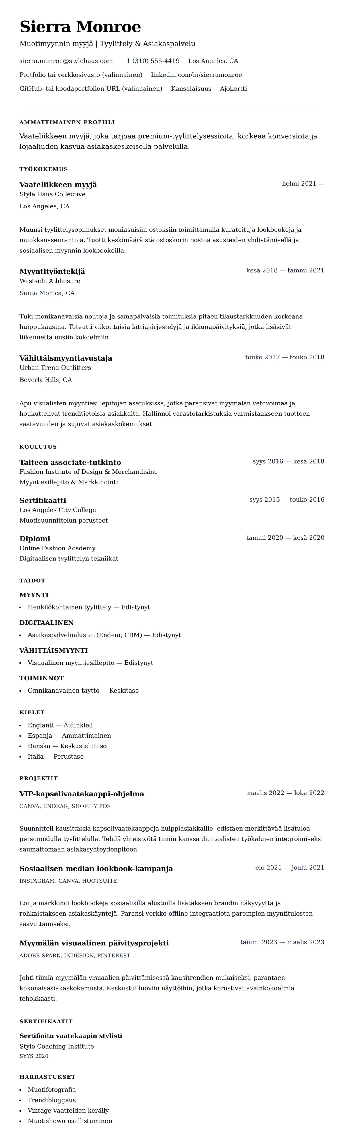 Ansioluetteloesikatselu kohteelle Vaateliikkeen myyjän ansioluetteloesimerkki