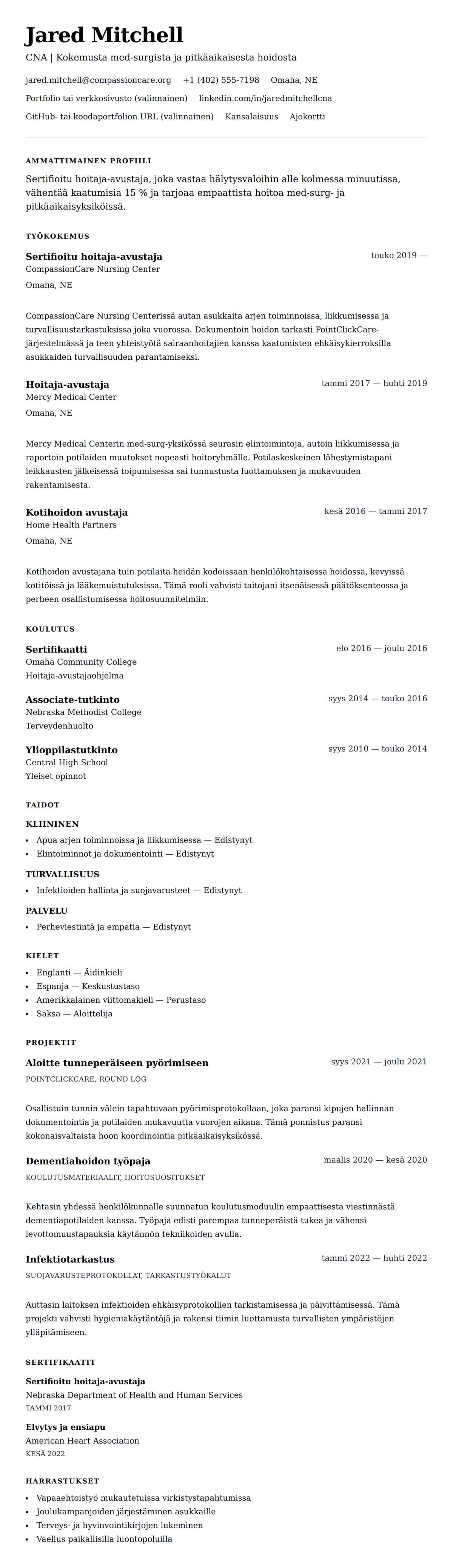 Ansioluetteloesikatselu kohteelle Sertifioitu hoitaja-avustaja (CNA) – Ansioluettelon esimerkki