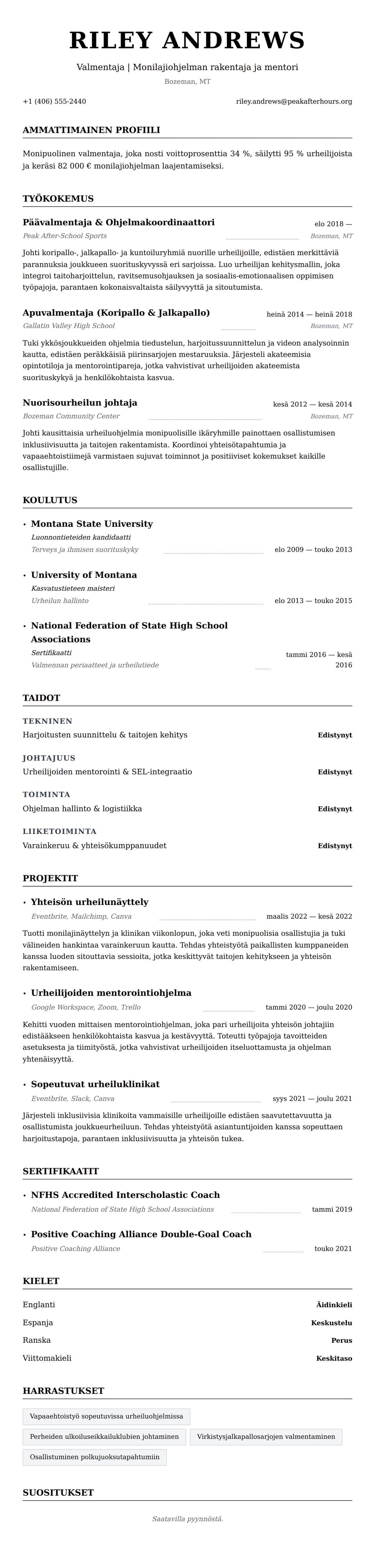 Ansioluetteloesikatselu kohteelle Valmentajan CV-esimerkki