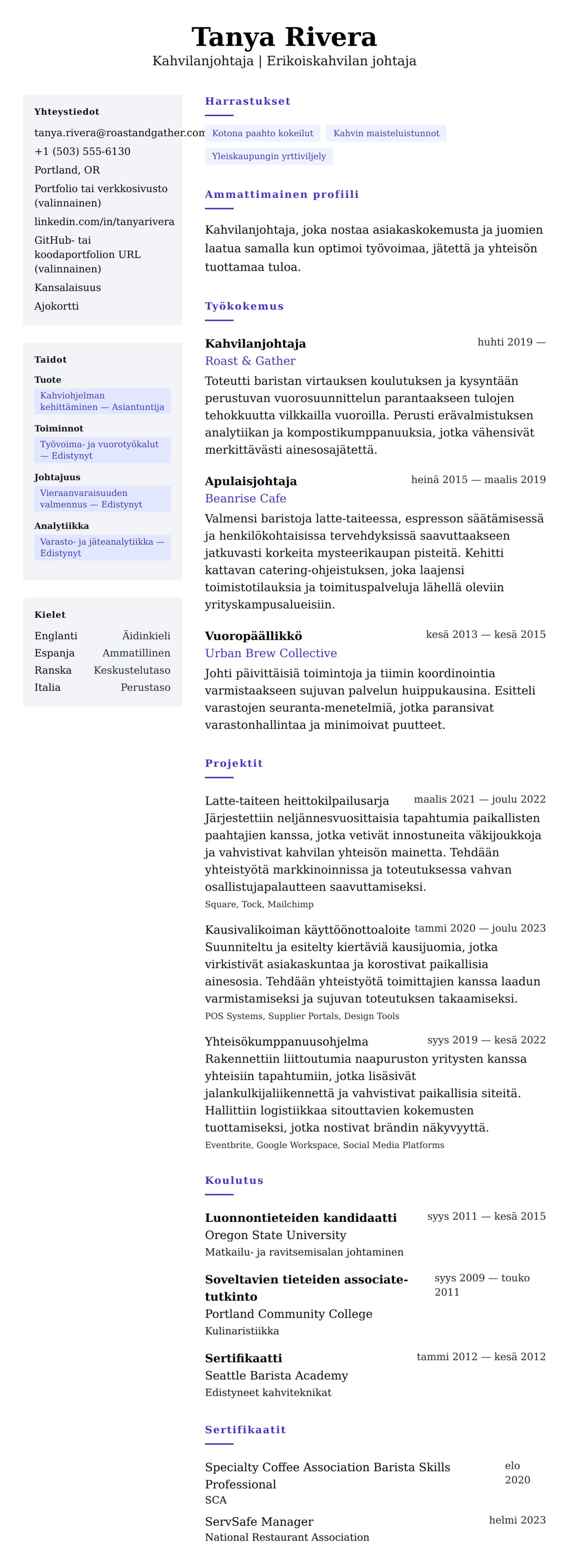 Ansioluetteloesikatselu kohteelle Kahvilanjohtajan ansioluettelon esimerkki